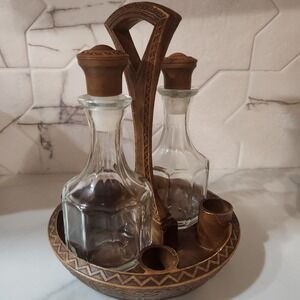 Vintage Wooden Tray‎ Glass Cruet Set Oil Vinegar Dispenser Bottles